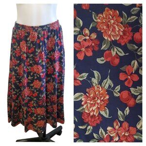 Vintage Talbots Med Navy Blue Cottage Floral Cherry Print Midi Skirt 100% Cotton